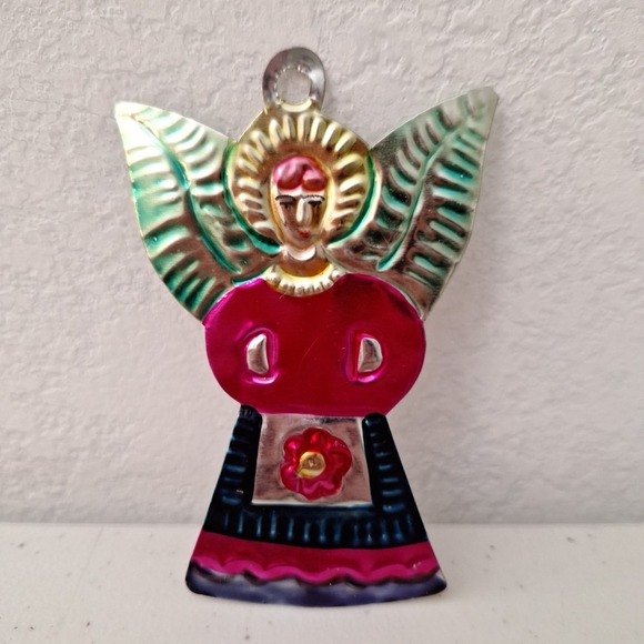 The Unbranded Brand Other - Vintage Hammered Metal Christmas Ornament Angel w/Wings Dress Hand Painted 4"